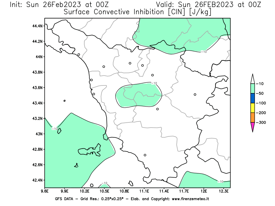 Mappa di analisi GFS - CIN [J/kg] in Toscana
							del 26/02/2023 00 <!--googleoff: index-->UTC<!--googleon: index-->