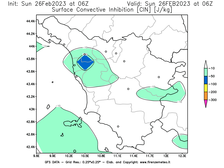 Mappa di analisi GFS - CIN [J/kg] in Toscana
							del 26/02/2023 06 <!--googleoff: index-->UTC<!--googleon: index-->