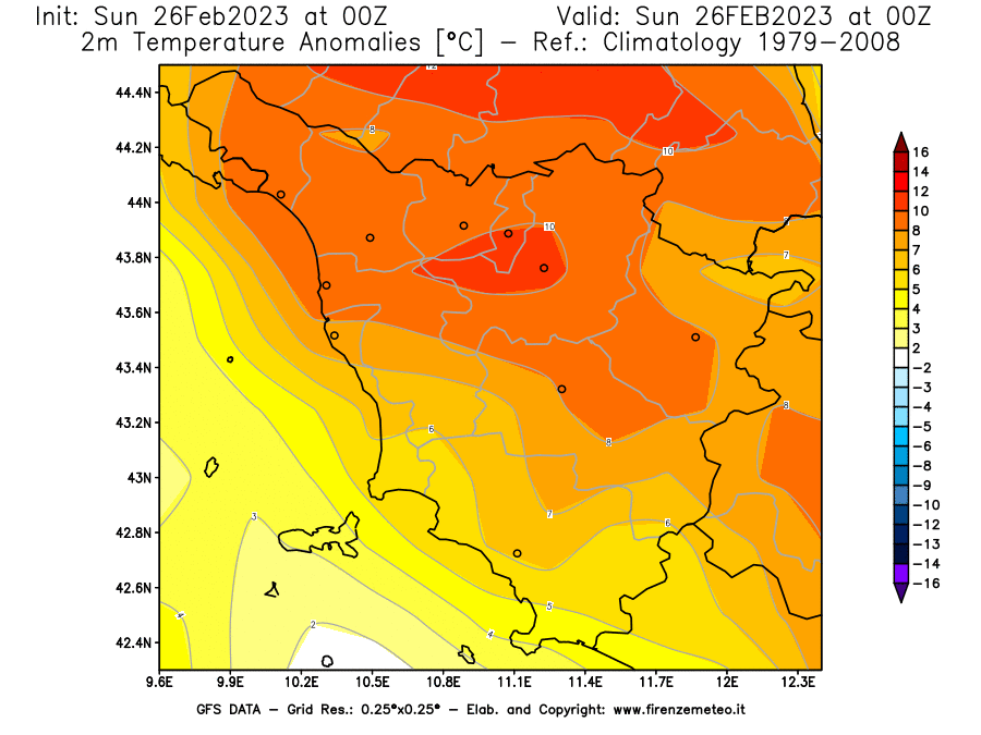 Mappa di analisi GFS - Anomalia Temperatura [°C] a 2 m in Toscana
							del 26/02/2023 00 <!--googleoff: index-->UTC<!--googleon: index-->