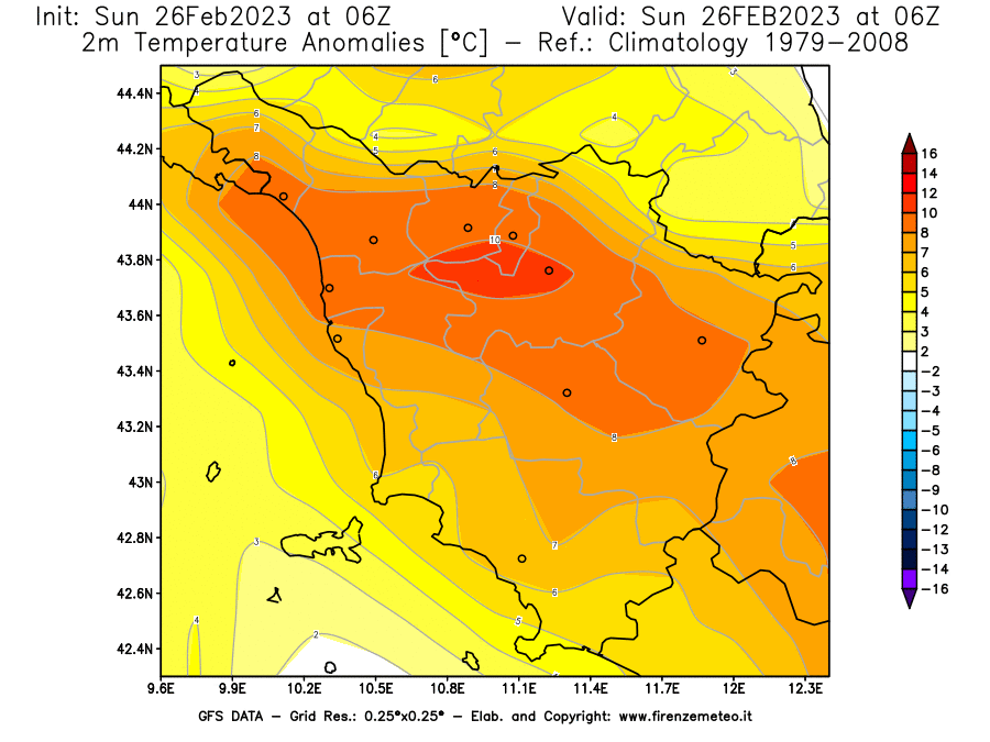Mappa di analisi GFS - Anomalia Temperatura [°C] a 2 m in Toscana
							del 26/02/2023 06 <!--googleoff: index-->UTC<!--googleon: index-->