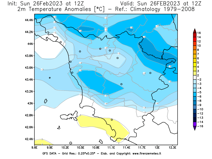 Mappa di analisi GFS - Anomalia Temperatura [°C] a 2 m in Toscana
							del 26/02/2023 12 <!--googleoff: index-->UTC<!--googleon: index-->
