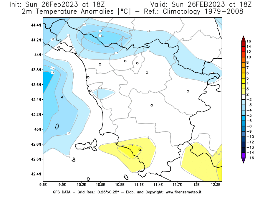 Mappa di analisi GFS - Anomalia Temperatura [°C] a 2 m in Toscana
							del 26/02/2023 18 <!--googleoff: index-->UTC<!--googleon: index-->