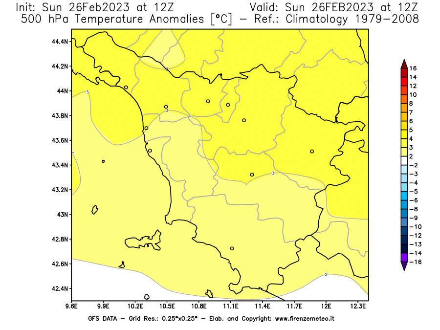 Mappa di analisi GFS - Anomalia Temperatura [°C] a 500 hPa in Toscana
							del 26/02/2023 12 <!--googleoff: index-->UTC<!--googleon: index-->
