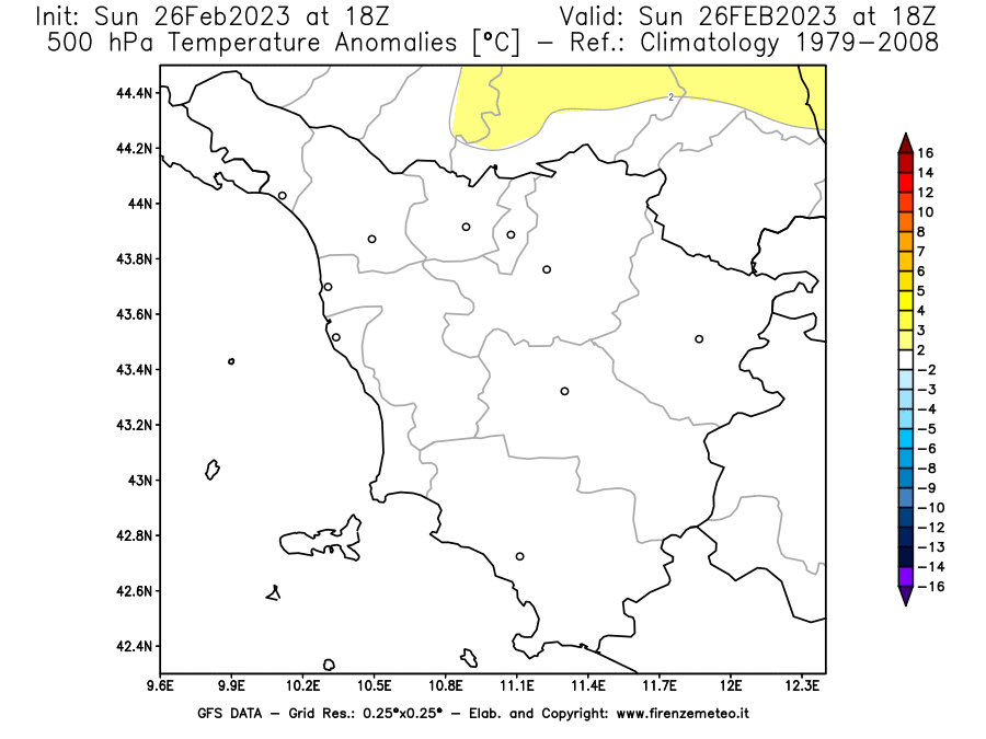 Mappa di analisi GFS - Anomalia Temperatura [°C] a 500 hPa in Toscana
							del 26/02/2023 18 <!--googleoff: index-->UTC<!--googleon: index-->