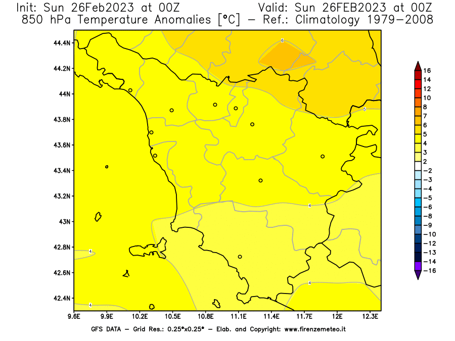 Mappa di analisi GFS - Anomalia Temperatura [°C] a 850 hPa in Toscana
							del 26/02/2023 00 <!--googleoff: index-->UTC<!--googleon: index-->
