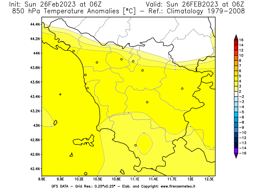 Mappa di analisi GFS - Anomalia Temperatura [°C] a 850 hPa in Toscana
							del 26/02/2023 06 <!--googleoff: index-->UTC<!--googleon: index-->