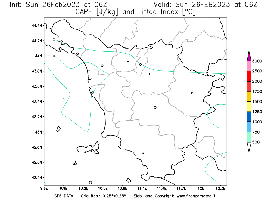 Mappa di analisi GFS - CAPE [J/kg] e Lifted Index [°C] in Toscana
							del 26/02/2023 06 <!--googleoff: index-->UTC<!--googleon: index-->