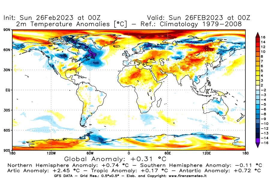 Mappa di analisi GFS - Anomalia Temperatura [°C] a 2 m in World
							del 26/02/2023 00 <!--googleoff: index-->UTC<!--googleon: index-->