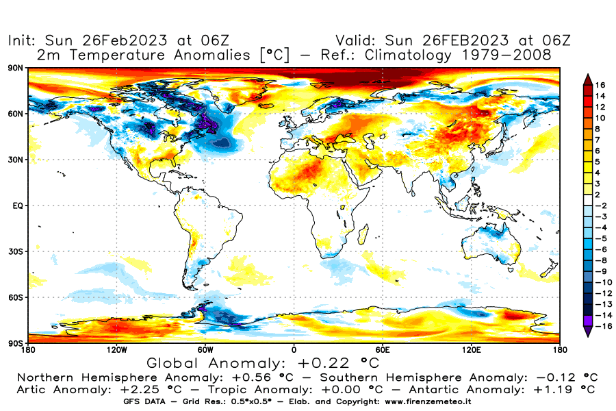Mappa di analisi GFS - Anomalia Temperatura [°C] a 2 m in World
							del 26/02/2023 06 <!--googleoff: index-->UTC<!--googleon: index-->