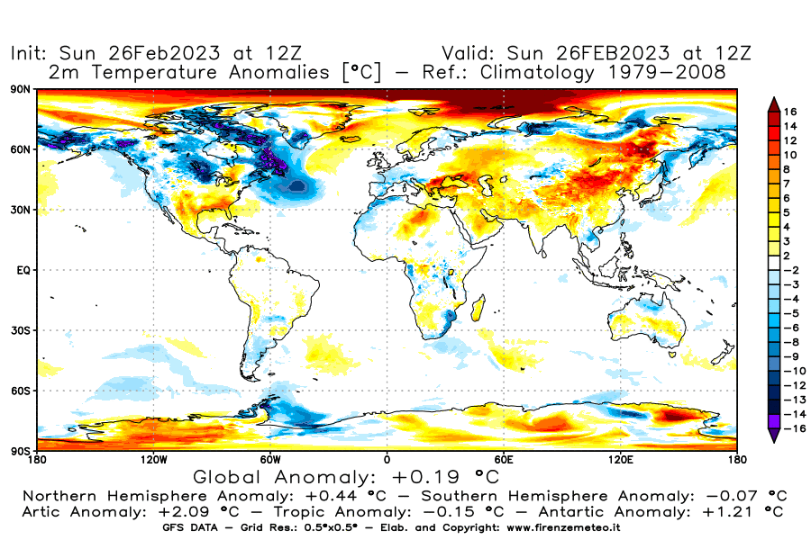 Mappa di analisi GFS - Anomalia Temperatura [°C] a 2 m in World
							del 26/02/2023 12 <!--googleoff: index-->UTC<!--googleon: index-->