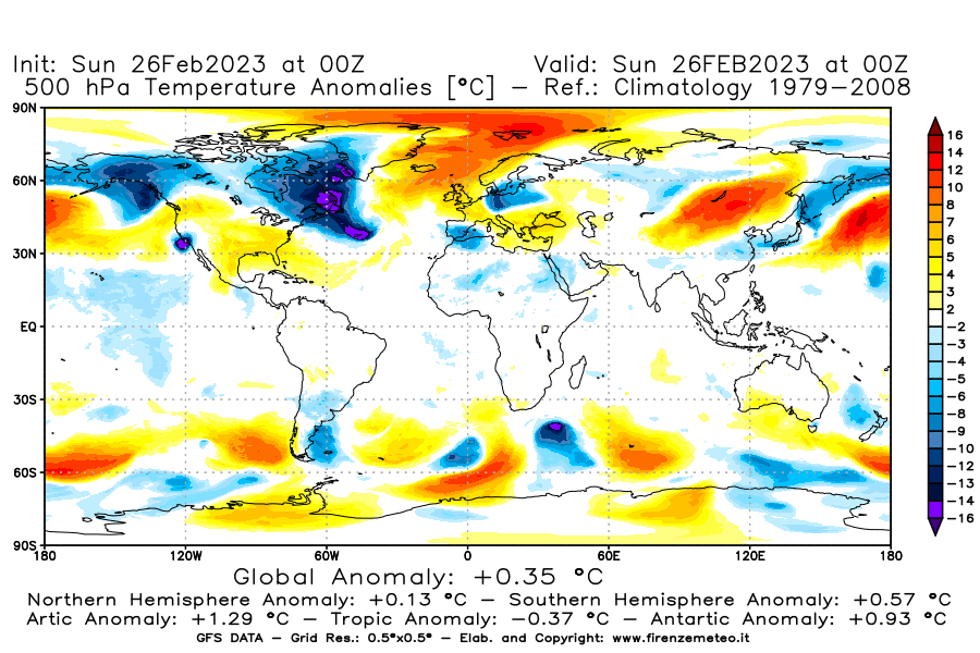 Mappa di analisi GFS - Anomalia Temperatura [°C] a 500 hPa in World
							del 26/02/2023 00 <!--googleoff: index-->UTC<!--googleon: index-->