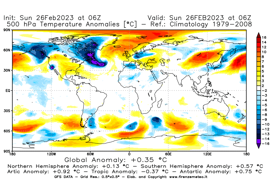 Mappa di analisi GFS - Anomalia Temperatura [°C] a 500 hPa in World
							del 26/02/2023 06 <!--googleoff: index-->UTC<!--googleon: index-->