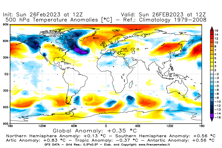 Mappa di analisi GFS - Anomalia Temperatura [°C] a 500 hPa in World
							del 26/02/2023 12 <!--googleoff: index-->UTC<!--googleon: index-->