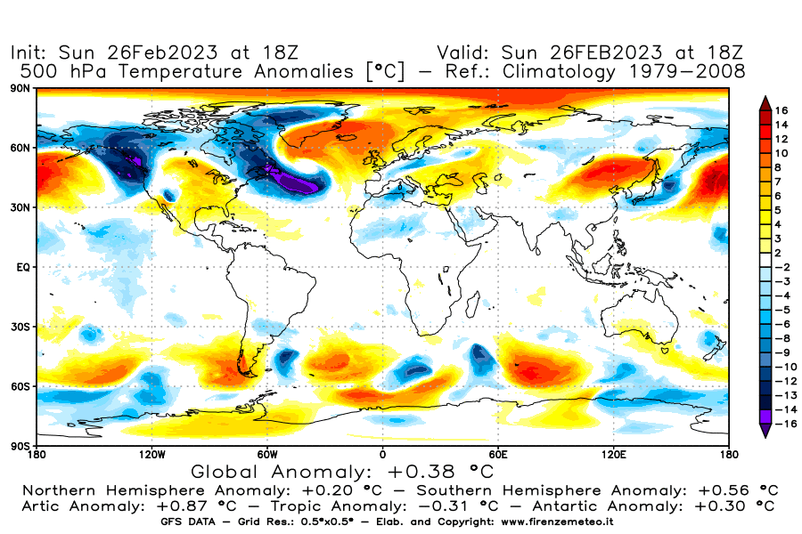 Mappa di analisi GFS - Anomalia Temperatura [°C] a 500 hPa in World
							del 26/02/2023 18 <!--googleoff: index-->UTC<!--googleon: index-->