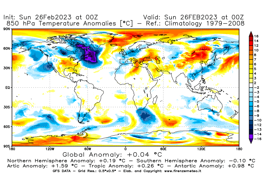 Mappa di analisi GFS - Anomalia Temperatura [°C] a 850 hPa in World
							del 26/02/2023 00 <!--googleoff: index-->UTC<!--googleon: index-->