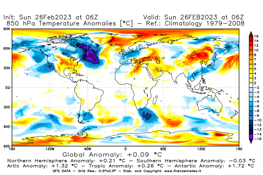 Mappa di analisi GFS - Anomalia Temperatura [°C] a 850 hPa in World
							del 26/02/2023 06 <!--googleoff: index-->UTC<!--googleon: index-->