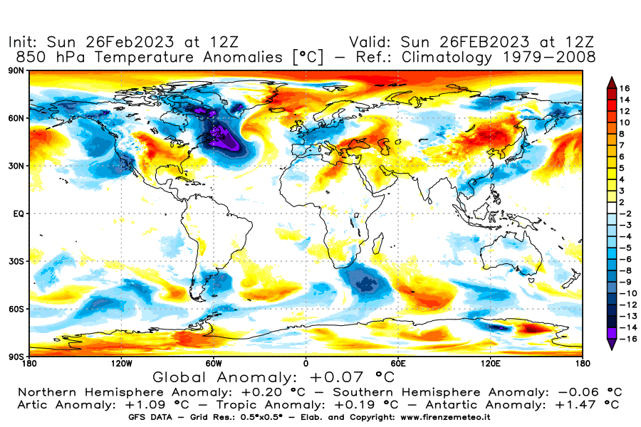 Mappa di analisi GFS - Anomalia Temperatura [°C] a 850 hPa in World
							del 26/02/2023 12 <!--googleoff: index-->UTC<!--googleon: index-->