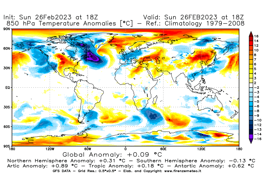 Mappa di analisi GFS - Anomalia Temperatura [°C] a 850 hPa in World
							del 26/02/2023 18 <!--googleoff: index-->UTC<!--googleon: index-->