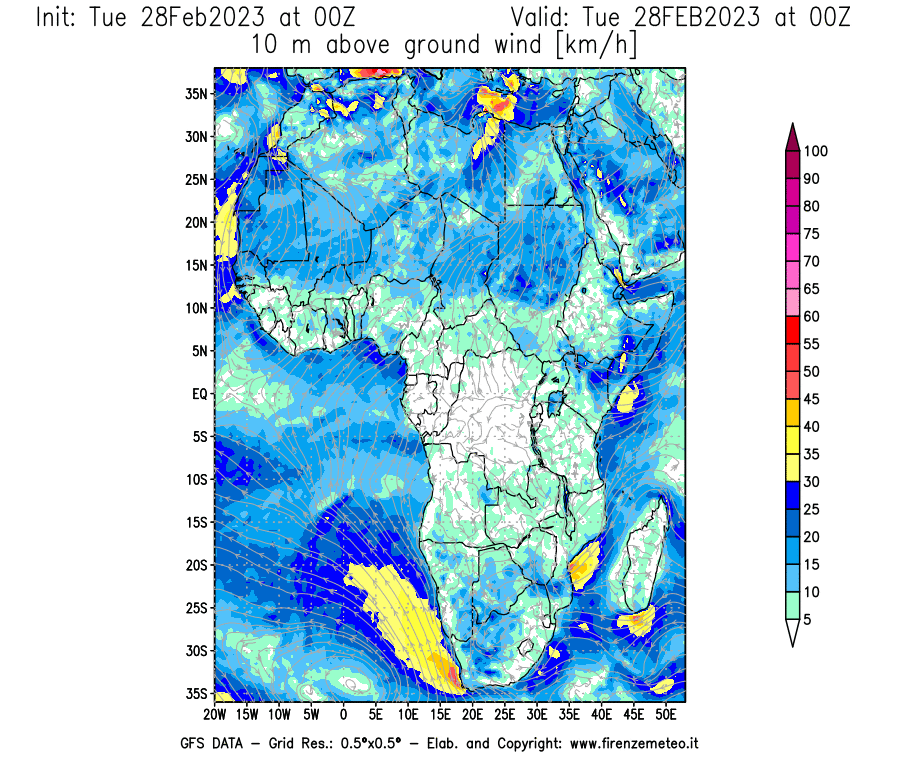 Mappa di analisi GFS - Velocità del vento a 10 metri dal suolo [km/h] in Africa
							del 28/02/2023 00 <!--googleoff: index-->UTC<!--googleon: index-->