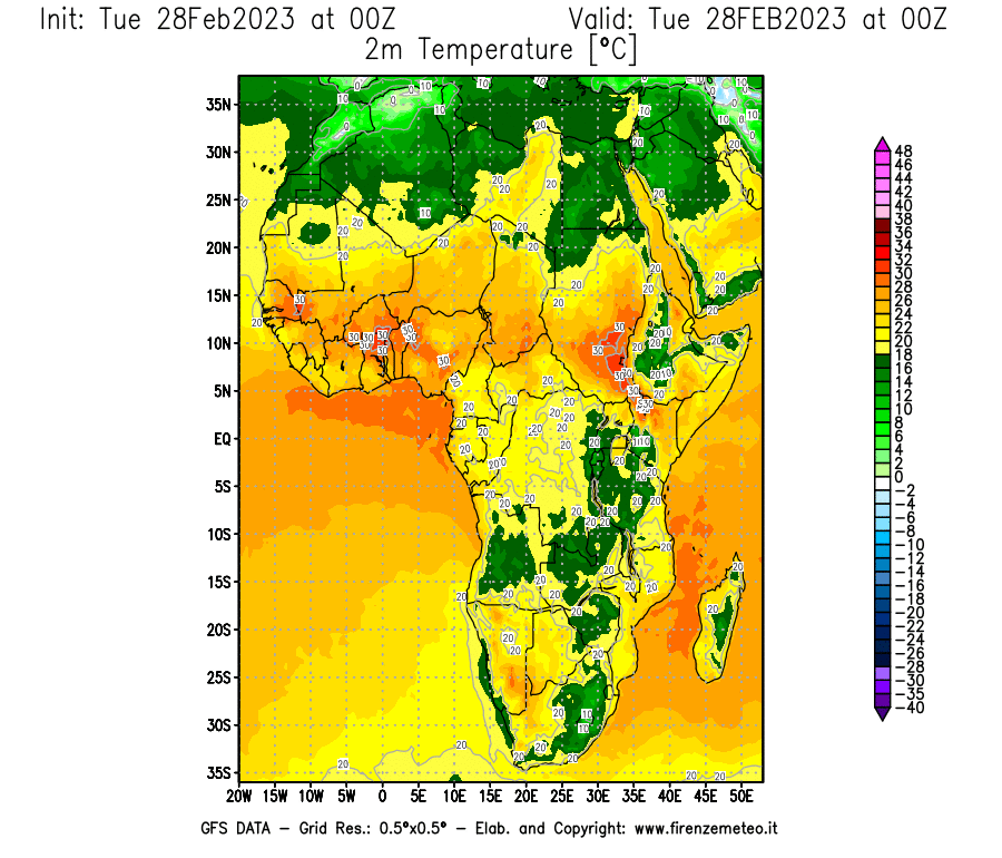 Mappa di analisi GFS - Temperatura a 2 metri dal suolo [°C] in Africa
							del 28/02/2023 00 <!--googleoff: index-->UTC<!--googleon: index-->