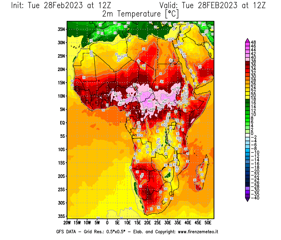 Mappa di analisi GFS - Temperatura a 2 metri dal suolo [°C] in Africa
							del 28/02/2023 12 <!--googleoff: index-->UTC<!--googleon: index-->
