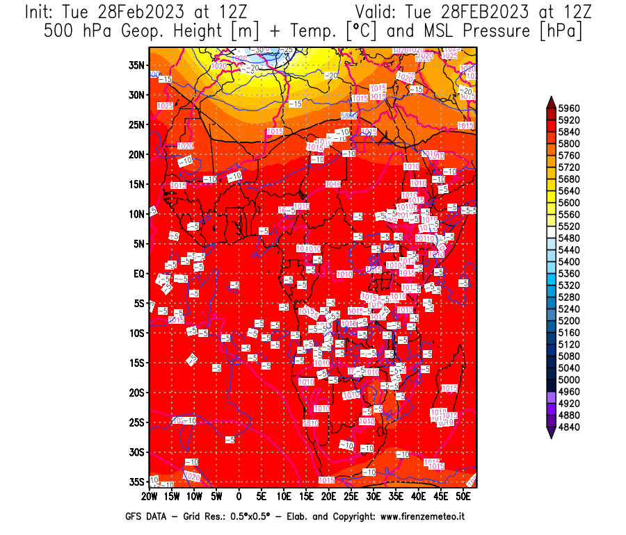 Mappa di analisi GFS - Geopotenziale [m] + Temp. [°C] a 500 hPa + Press. a livello del mare [hPa] in Africa
							del 28/02/2023 12 <!--googleoff: index-->UTC<!--googleon: index-->