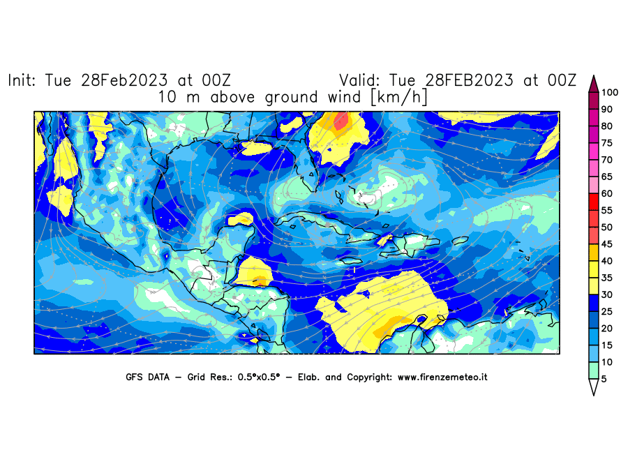 Mappa di analisi GFS - Velocità del vento a 10 metri dal suolo [km/h] in Centro-America
							del 28/02/2023 00 <!--googleoff: index-->UTC<!--googleon: index-->