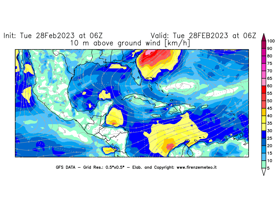 Mappa di analisi GFS - Velocità del vento a 10 metri dal suolo [km/h] in Centro-America
							del 28/02/2023 06 <!--googleoff: index-->UTC<!--googleon: index-->