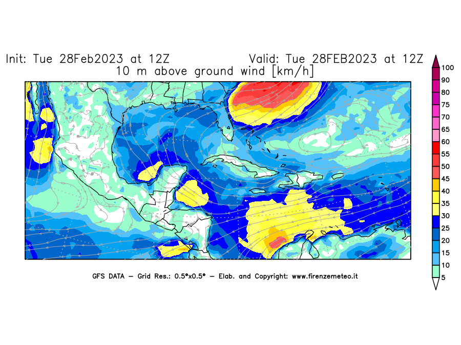 Mappa di analisi GFS - Velocità del vento a 10 metri dal suolo [km/h] in Centro-America
							del 28/02/2023 12 <!--googleoff: index-->UTC<!--googleon: index-->