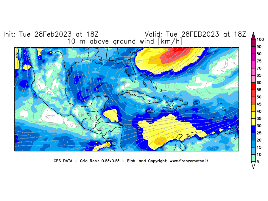 Mappa di analisi GFS - Velocità del vento a 10 metri dal suolo [km/h] in Centro-America
							del 28/02/2023 18 <!--googleoff: index-->UTC<!--googleon: index-->