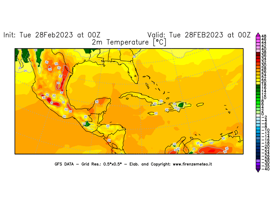 Mappa di analisi GFS - Temperatura a 2 metri dal suolo [°C] in Centro-America
							del 28/02/2023 00 <!--googleoff: index-->UTC<!--googleon: index-->