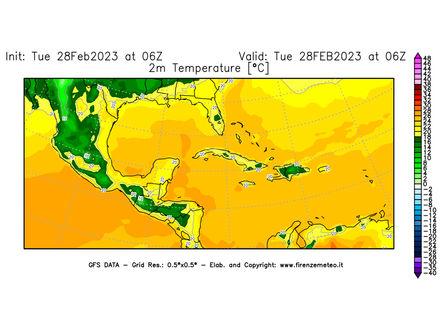 Mappa di analisi GFS - Temperatura a 2 metri dal suolo [°C] in Centro-America
							del 28/02/2023 06 <!--googleoff: index-->UTC<!--googleon: index-->