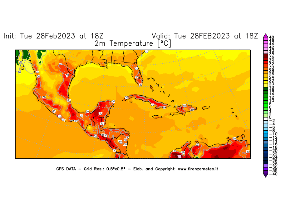Mappa di analisi GFS - Temperatura a 2 metri dal suolo [°C] in Centro-America
							del 28/02/2023 18 <!--googleoff: index-->UTC<!--googleon: index-->