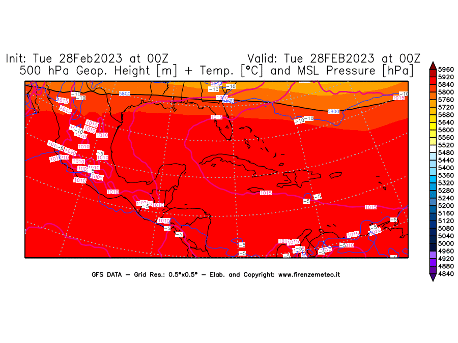 Mappa di analisi GFS - Geopotenziale [m] + Temp. [°C] a 500 hPa + Press. a livello del mare [hPa] in Centro-America
							del 28/02/2023 00 <!--googleoff: index-->UTC<!--googleon: index-->