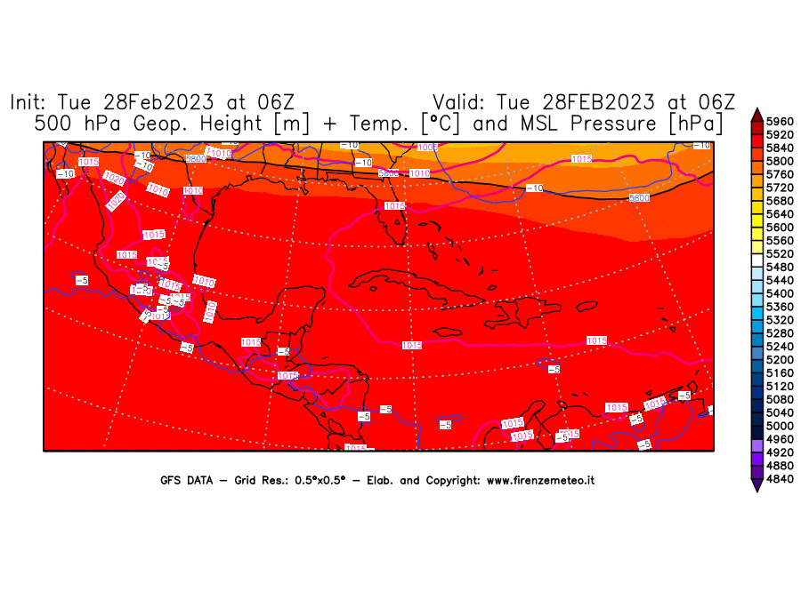 Mappa di analisi GFS - Geopotenziale [m] + Temp. [°C] a 500 hPa + Press. a livello del mare [hPa] in Centro-America
							del 28/02/2023 06 <!--googleoff: index-->UTC<!--googleon: index-->