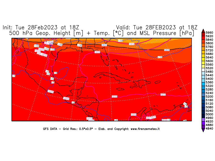 Mappa di analisi GFS - Geopotenziale [m] + Temp. [°C] a 500 hPa + Press. a livello del mare [hPa] in Centro-America
							del 28/02/2023 18 <!--googleoff: index-->UTC<!--googleon: index-->
