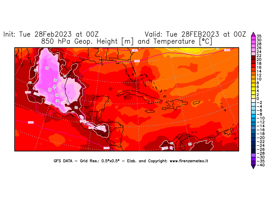 Mappa di analisi GFS - Geopotenziale [m] e Temperatura [°C] a 850 hPa in Centro-America
							del 28/02/2023 00 <!--googleoff: index-->UTC<!--googleon: index-->