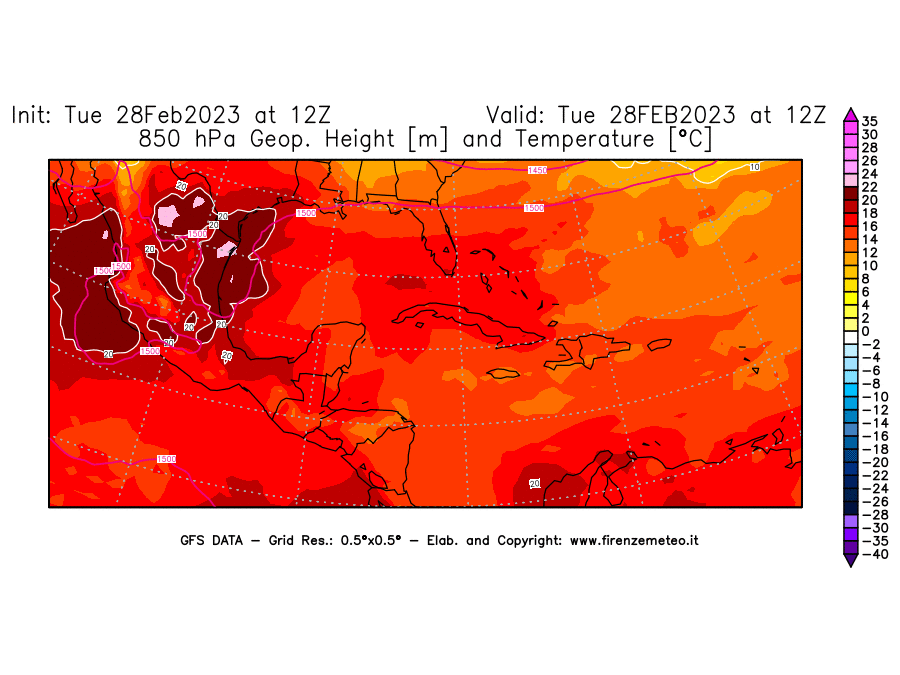 Mappa di analisi GFS - Geopotenziale [m] e Temperatura [°C] a 850 hPa in Centro-America
							del 28/02/2023 12 <!--googleoff: index-->UTC<!--googleon: index-->