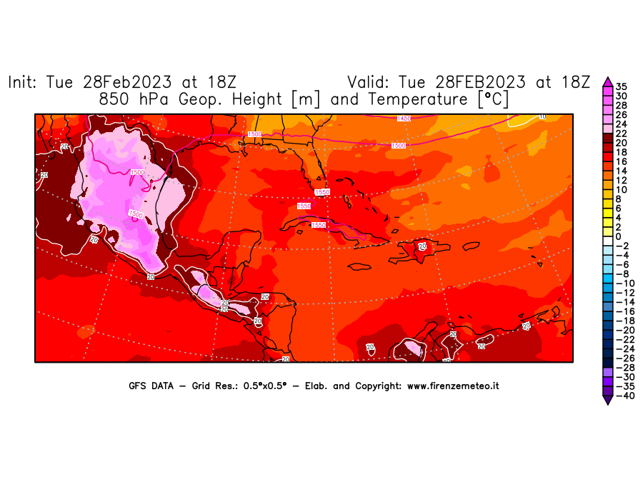 Mappa di analisi GFS - Geopotenziale [m] e Temperatura [°C] a 850 hPa in Centro-America
							del 28/02/2023 18 <!--googleoff: index-->UTC<!--googleon: index-->