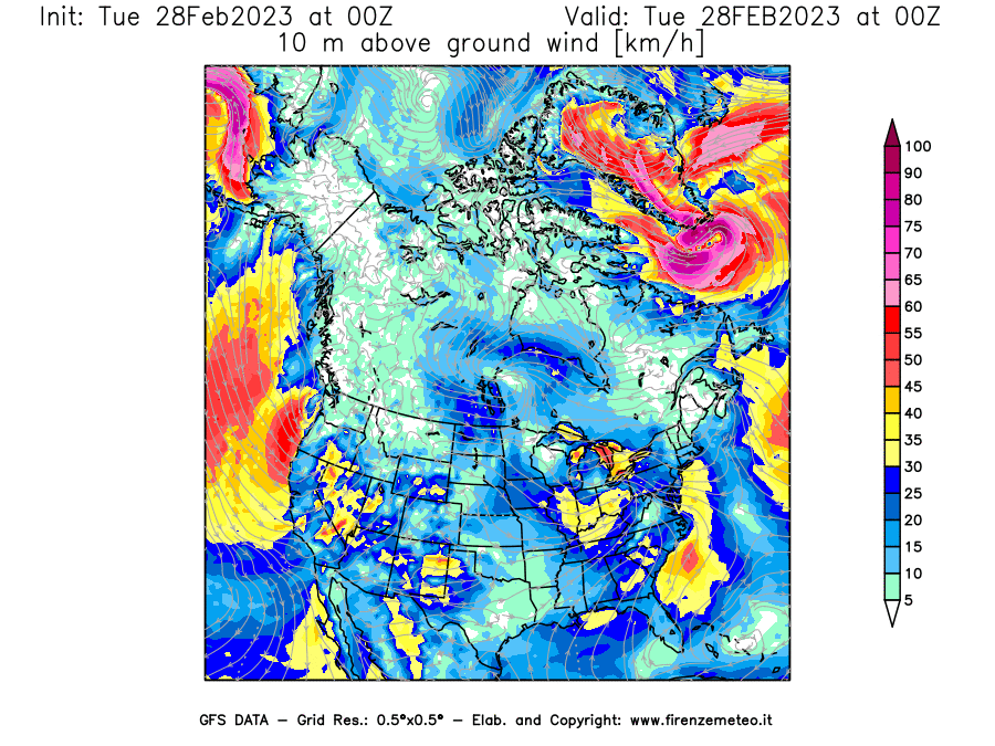 Mappa di analisi GFS - Velocità del vento a 10 metri dal suolo [km/h] in Nord-America
							del 28/02/2023 00 <!--googleoff: index-->UTC<!--googleon: index-->