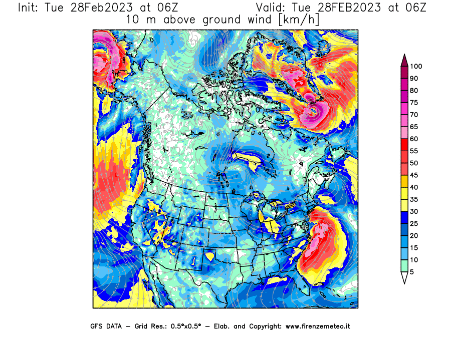 Mappa di analisi GFS - Velocità del vento a 10 metri dal suolo [km/h] in Nord-America
							del 28/02/2023 06 <!--googleoff: index-->UTC<!--googleon: index-->