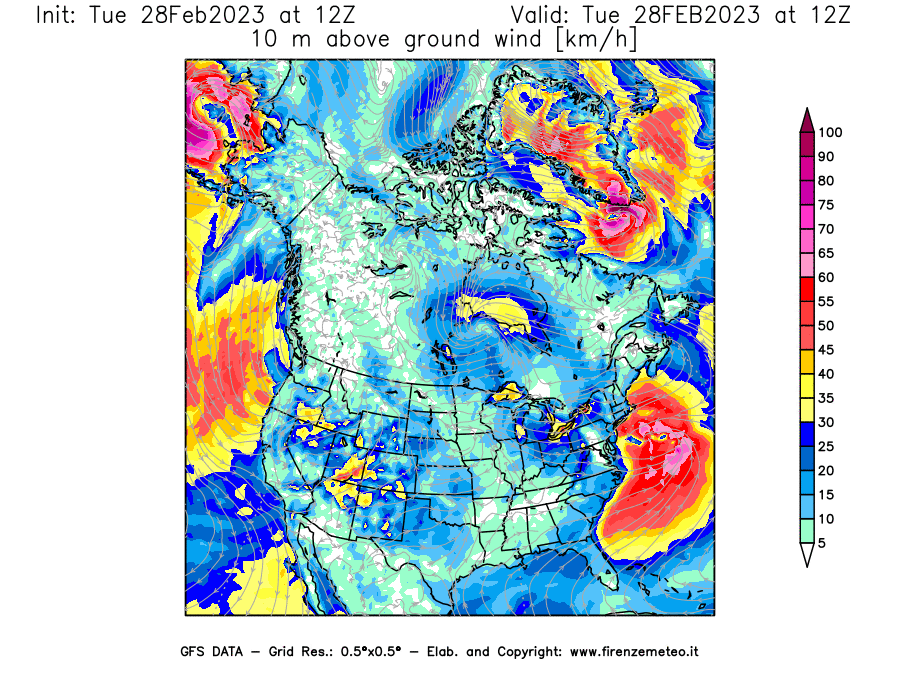 Mappa di analisi GFS - Velocità del vento a 10 metri dal suolo [km/h] in Nord-America
							del 28/02/2023 12 <!--googleoff: index-->UTC<!--googleon: index-->