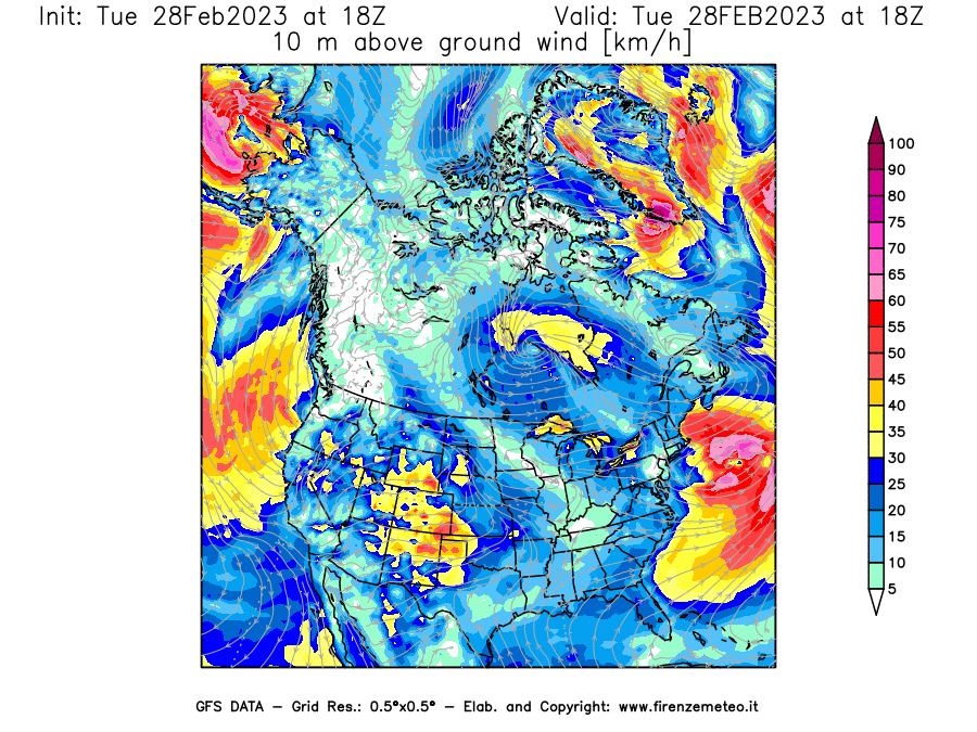 Mappa di analisi GFS - Velocità del vento a 10 metri dal suolo [km/h] in Nord-America
							del 28/02/2023 18 <!--googleoff: index-->UTC<!--googleon: index-->