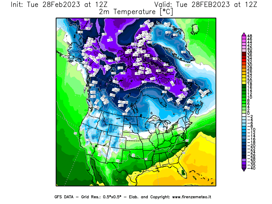 Mappa di analisi GFS - Temperatura a 2 metri dal suolo [°C] in Nord-America
							del 28/02/2023 12 <!--googleoff: index-->UTC<!--googleon: index-->
