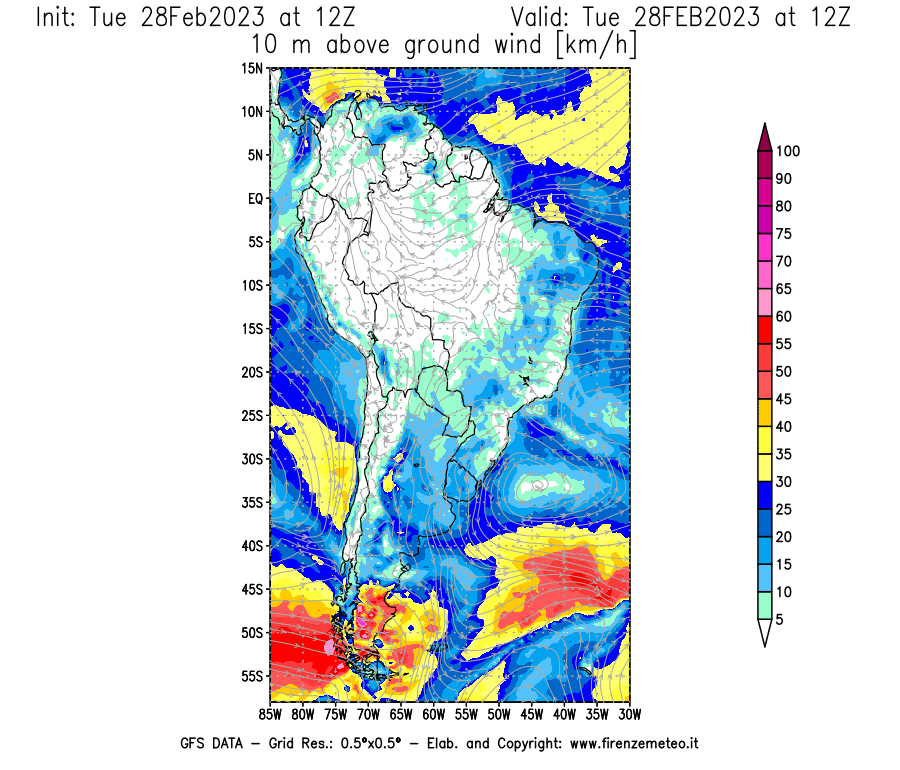 Mappa di analisi GFS - Velocità del vento a 10 metri dal suolo [km/h] in Sud-America
							del 28/02/2023 12 <!--googleoff: index-->UTC<!--googleon: index-->