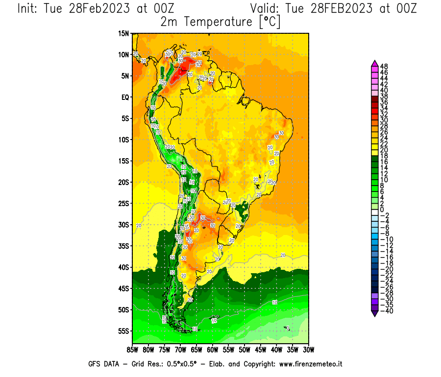 Mappa di analisi GFS - Temperatura a 2 metri dal suolo [°C] in Sud-America
							del 28/02/2023 00 <!--googleoff: index-->UTC<!--googleon: index-->