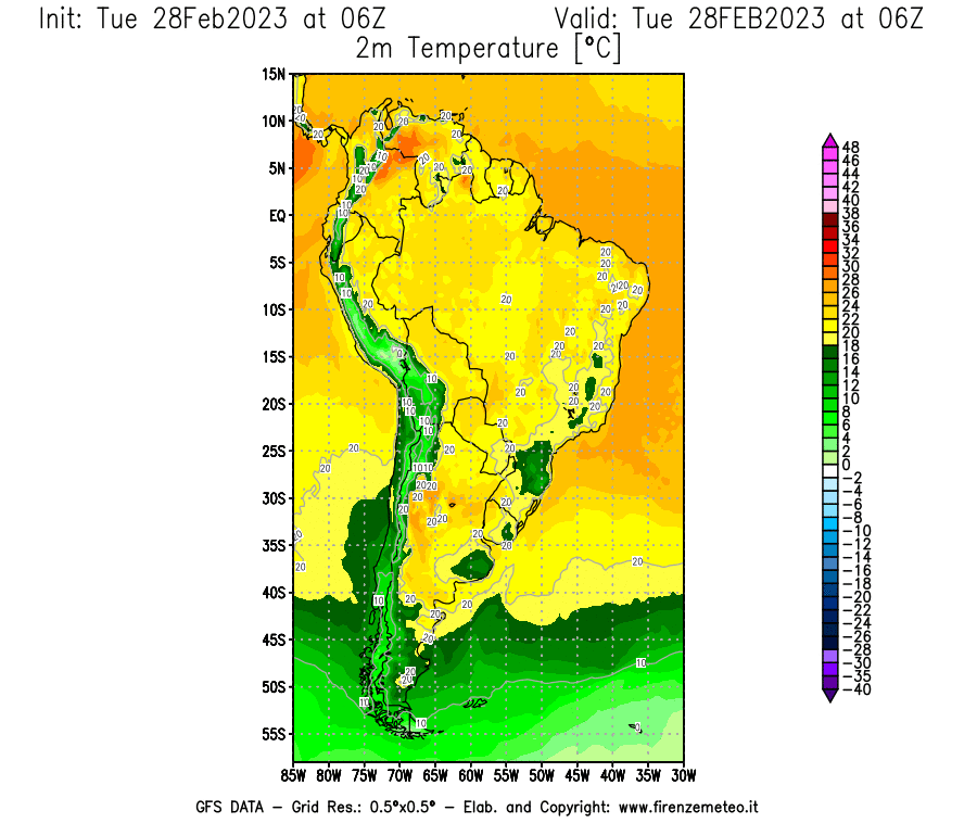 Mappa di analisi GFS - Temperatura a 2 metri dal suolo [°C] in Sud-America
							del 28/02/2023 06 <!--googleoff: index-->UTC<!--googleon: index-->