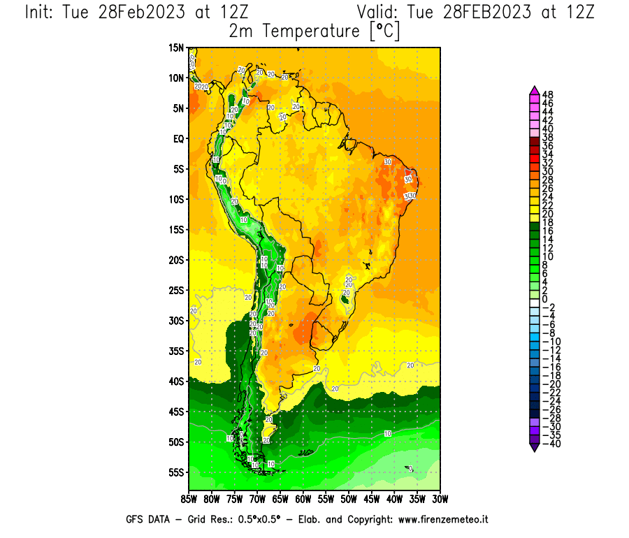 Mappa di analisi GFS - Temperatura a 2 metri dal suolo [°C] in Sud-America
							del 28/02/2023 12 <!--googleoff: index-->UTC<!--googleon: index-->
