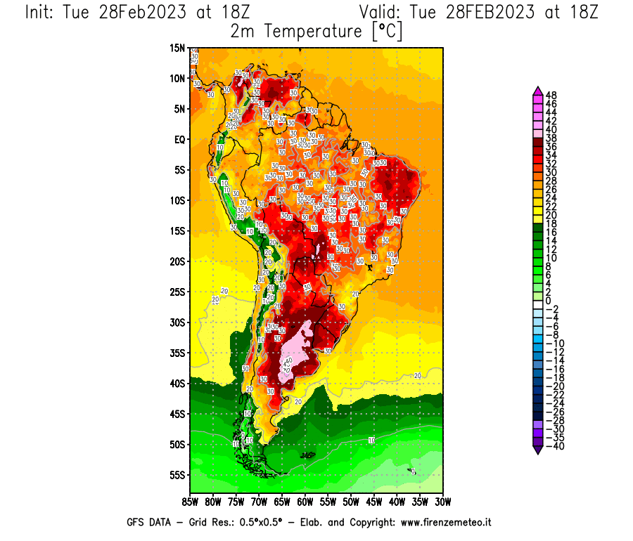 Mappa di analisi GFS - Temperatura a 2 metri dal suolo [°C] in Sud-America
							del 28/02/2023 18 <!--googleoff: index-->UTC<!--googleon: index-->