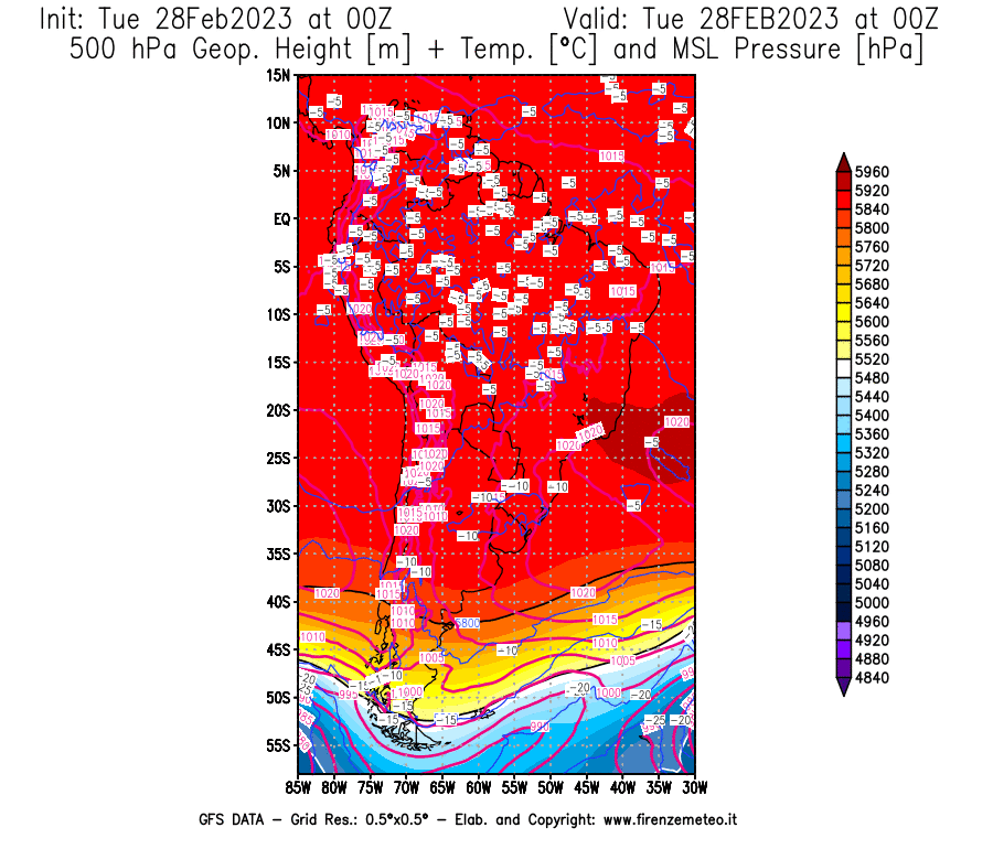 Mappa di analisi GFS - Geopotenziale [m] + Temp. [°C] a 500 hPa + Press. a livello del mare [hPa] in Sud-America
							del 28/02/2023 00 <!--googleoff: index-->UTC<!--googleon: index-->